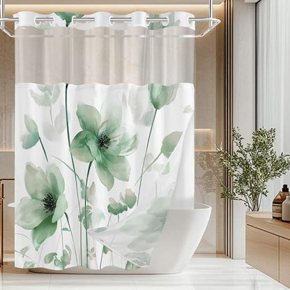 No Hook Shower Curtain and Liner Set, Green Boho Floral 71x77 | Watercolor Boho Flower, with Snap in Liner, Mesh Top Window, Waterproof, Machine Washable, Quick-Drying, for Hotel Bathroom