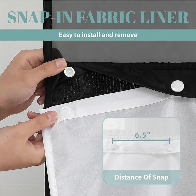 eachope No Hook Waffle Shower Curtain with Snap-in Liner, 60x74 Inch, Black | 230GSM waffle weave fabric, waterproof liner set with 2 bottom magnets, mesh window, washable, for shower stalls or bathrooms