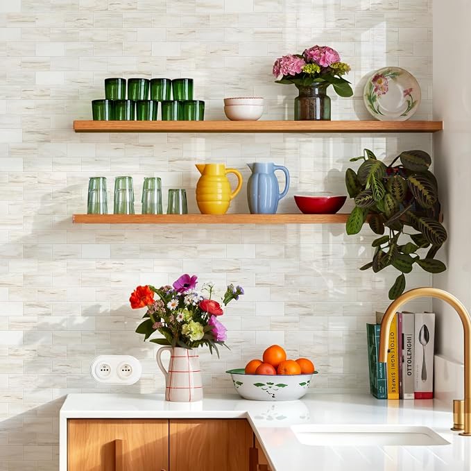 STICKGOO 10-Sheet Subway Tile Peel and Stick Backsplash, Wooden Grain | Glossy Marble Look Kitchen Backsplash Wall Tiles, Peel and Stick Wall Panels for Bathroom, Fireplace, RV