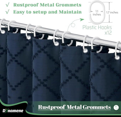 Extra Long Boho Shower Curtain Tufted Geometric 72"x84" Navy Blue | 84 Inch Tall, Elegant Tassel, Lightweight Textured Fabric, Water Repellent, Washable, Hotel Spa, for Bathroom/Dorm 12 Hooks