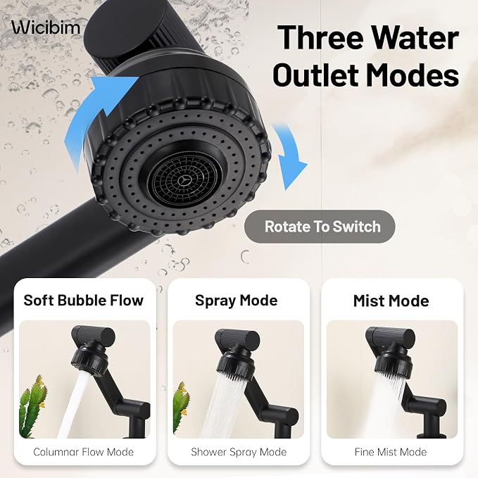 Wicibim Matte Black Bathroom Sink Faucet, Stainless Steel 1080° Rotatable Bathroom Faucet, Single Handle, 1 or 3 Hole, 2 Water Outlet Modes with Hot and Cold Hoses,Swivel Faucet