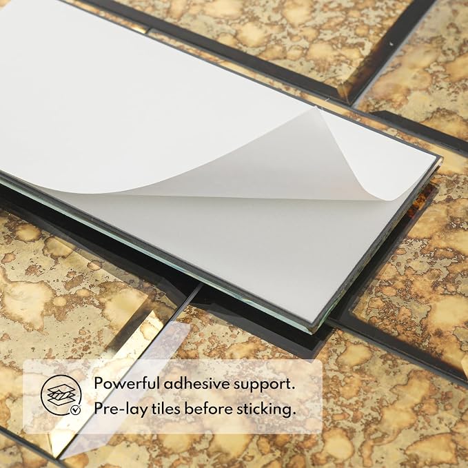 Peel and Stick Beveled Gold Antique Mirror Tile Subway Mirror Glass Backsplash 3x6 Inch for Kitchen Bathroom Wall (40 Pcs, 5 SQ.FT.)