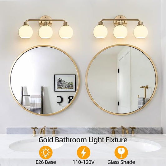 Bathroom Light Fixtures Gold Vanity Light 3 Light Brushed Brass | Wall Sconces Lighting with Milk Globe Glass Shades Bath Wall Lamp for Mirror Kitchen Living Room Bedroom Hallway