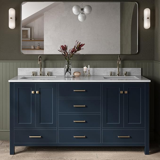 ARIEL Cambridge 66-inch Bathroom Vanity with Sink,Solid Wood, 0.75-inch Italian Carrara Marble Countertop, Double Rectangular Porcelain Sink, 4 Soft Closing Doors, 6 Dovetail Drawers, Midnight Blue