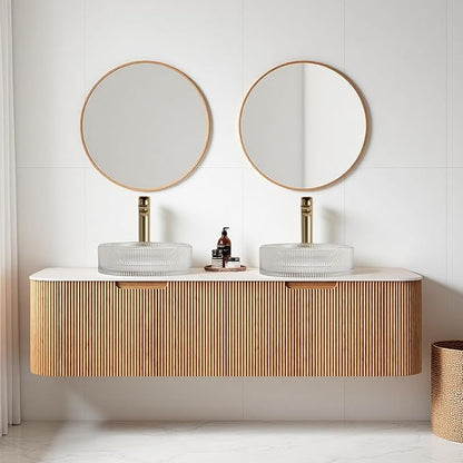 60" Bathroom Vanity with Double Sink, Floating Bathroom Vanities with Round Crystal Glass Basin and Marble Top, 2 Large Soft-Closing Storage Drawers, Pre-Assembled Cabinet, Nature Wood