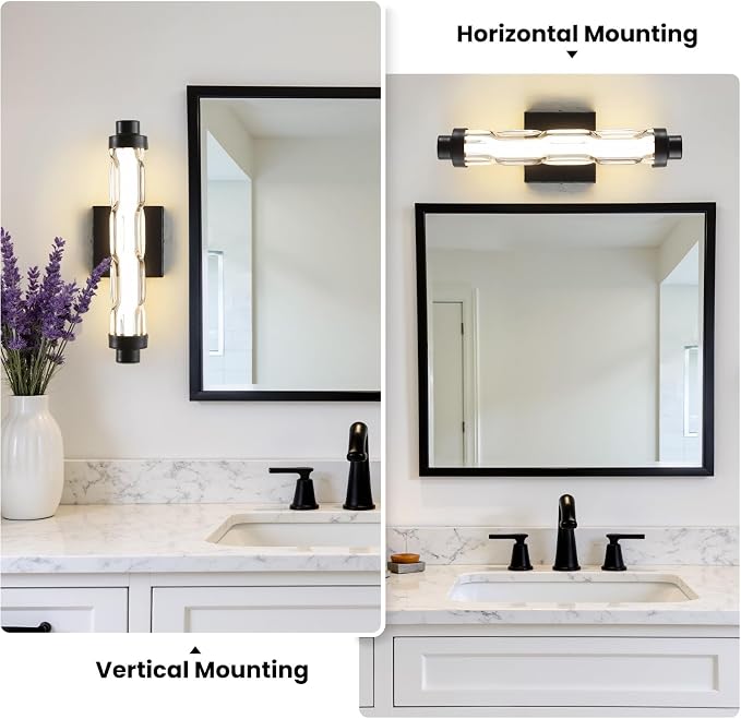 15.4" Black Wall Sconces Set of 2, Modern Bathroom Sconces with Ripple Glass Shade, 5CCT Dimmable LED Wall Lights 14W for Bedroom, Hallway, Staircase
