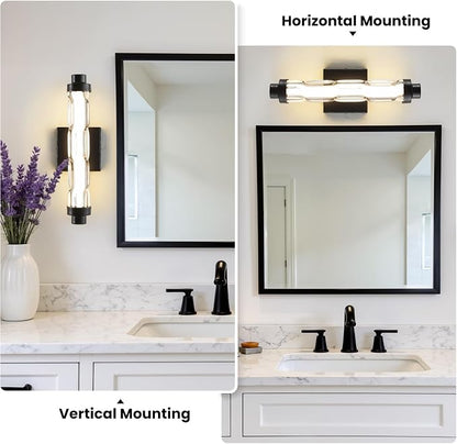 15.4" Black Wall Sconces Set of 2, Modern Bathroom Sconces with Ripple Glass Shade, 5CCT Dimmable LED Wall Lights 14W for Bedroom, Hallway, Staircase
