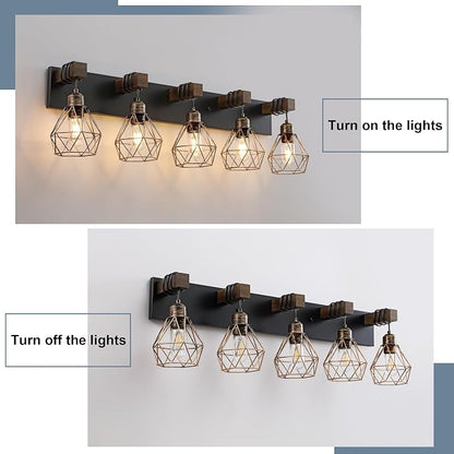 VbiTmn Black Gold Bathroom Light Fixtures, 5-Light Farmhouse Vanity Light | Wood Vanity Lights, Rustic Wall Mount Over Mirror for Bedroom & Hallway, Easy to Install, Sturdy Build for Bathroom Use