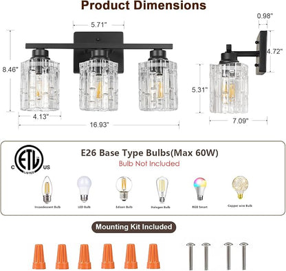 Refice 3-Light Bathroom Vanity Lights Crystal Glass, Black | Bathroom Light Fixtures Vanity Lighting Over Mirror for Living Room Farmhouse, Hallway