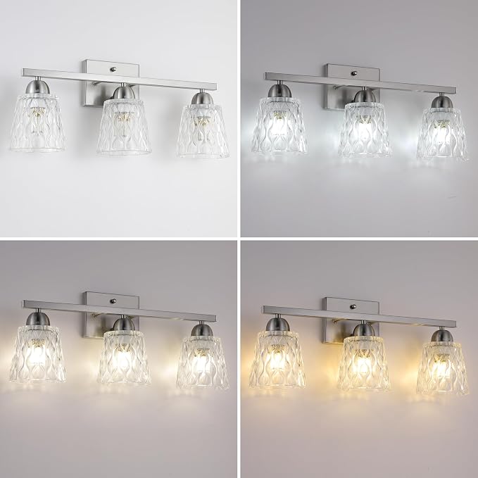 Mecgirn Stainless Steel Bathroom Vanity Light Over Mirror, 3 Light Brushed Nickel Bathroom Light Fixtures with Textured Glass Shades, Modern Vanity Lighting Wall Mount