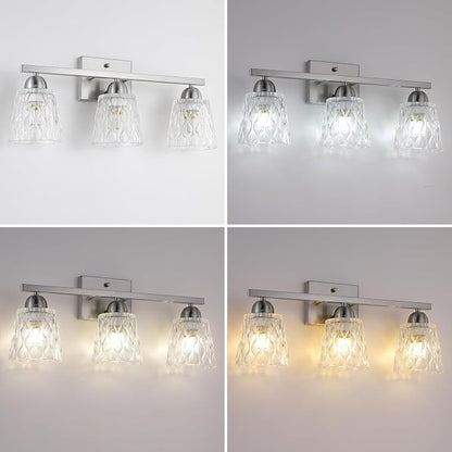 Mecgirn Stainless Steel Bathroom Vanity Light Over Mirror, 3 Light Brushed Nickel Bathroom Light Fixtures with Textured Glass Shades, Modern Vanity Lighting Wall Mount