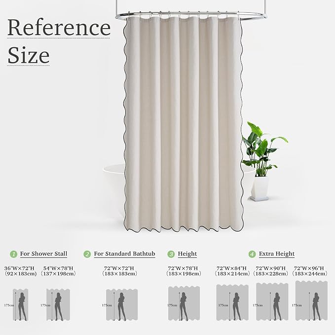 KGORGE Scalloped Shower Curtain for Bathroom with 12 Metal Hooks, Linen Textured Privacy Waterproof Boho Cute Heavy Duty Farmhouse Shower Curtains for Home Decor Bathtub, Linen, 72 x 72 inches Long