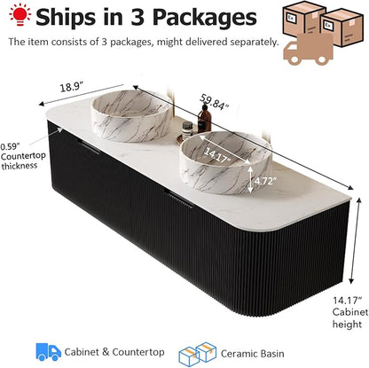 Ambrovina 60" Floating Bathroom Vanity with Double Sink, Modern Bathroom Vanities with Marble Countertop and Ceramic Sink, Soft-Close Design, Natural Solid Wood Cabinet, Pre-Assembled, Gloss Black