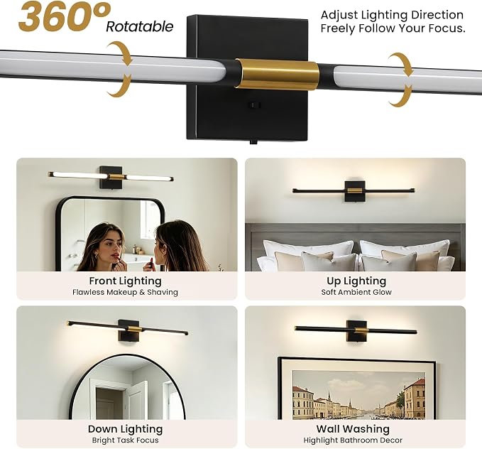Epinl 32 Inch Black and Gold Bathroom Vanity Light, 360° Rotatable LED Vanity Light Bar, 5CCT Dimmable Bathroom Lighting Fixture Over Mirror, High CRI Modern Vanity Lights for Bathroom, Bedroom