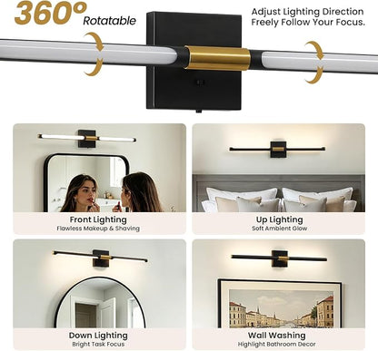 Epinl 32 Inch Black and Gold Bathroom Vanity Light, 360° Rotatable LED Vanity Light Bar, 5CCT Dimmable Bathroom Lighting Fixture Over Mirror, High CRI Modern Vanity Lights for Bathroom, Bedroom
