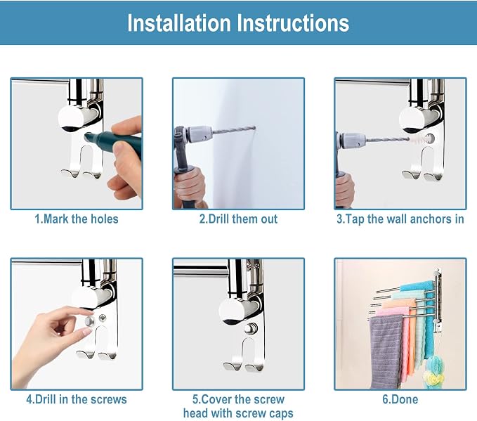 5 Arm Swivel Towel Bar - Heavy Duty SUS304 Stainless Steel Swing Towel Rack for Bathroom, 180° Rotation Wall Mount Towel Holder with Hook, Space-Saving Organizer for Kitchen, Laundry Room