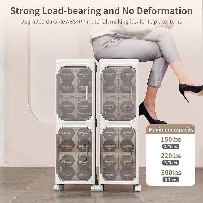 2 Tier Slim Bathroom Storage Cabinet, Foldable and Movable, White | Tools Free, ABS and PET, Magnetic Clear Door, Adjustable Shelves, Lockable Wheels, Water Resistant, For Narrow Space