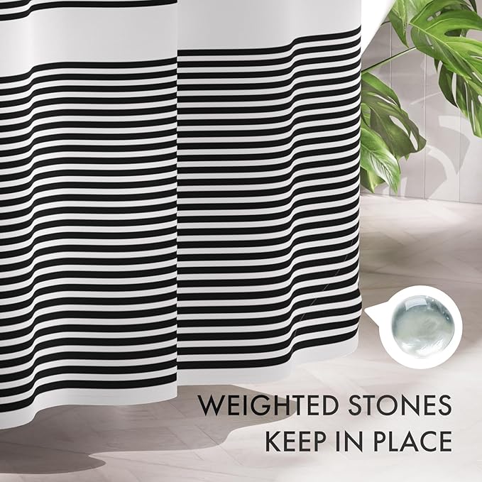 AmazerBath Shower Curtain, Washable Cloth Black Shower Curtain Sets with 12 Shower Curtain Hooks, Fabric Rustic Black and White Striped Curtain, Farmhouse Bathroom Curtains, 72x72 Inches
