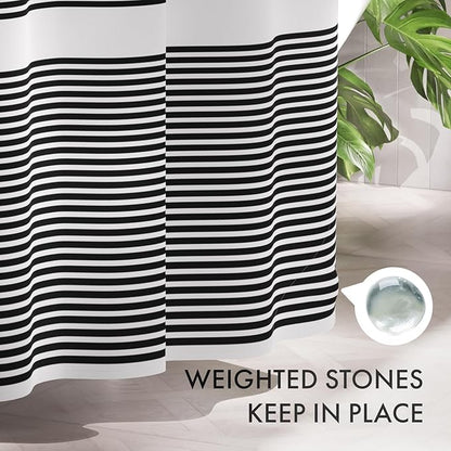 AmazerBath Shower Curtain, Washable Cloth Black Shower Curtain Sets with 12 Shower Curtain Hooks, Fabric Rustic Black and White Striped Curtain, Farmhouse Bathroom Curtains, 72x72 Inches