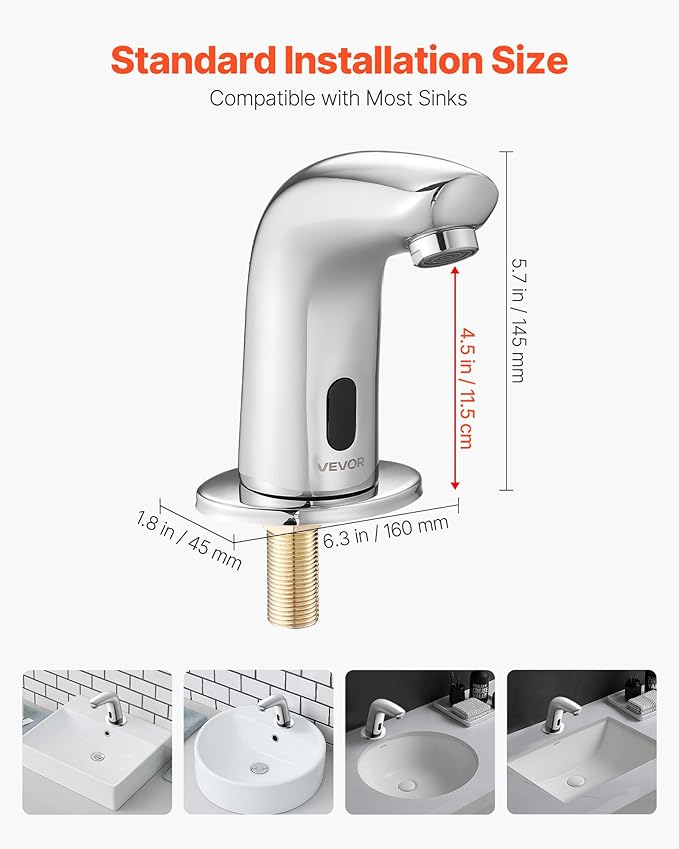VEVOR Touchless Bathroom Sink Faucet, Automatic Motion Sensor Restroom Toilet Faucet Cold Water with Hole Cover Plate, Battery Operated for 9/16 in Pipe Commercial Lavatory,Chrome Plated Silver G112M