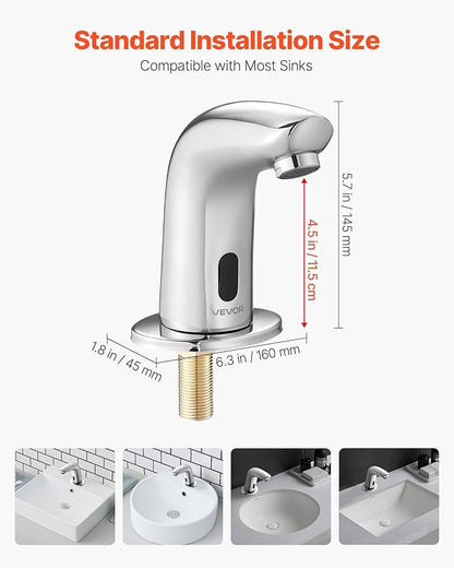 VEVOR Touchless Bathroom Sink Faucet, Automatic Motion Sensor Restroom Toilet Faucet Cold Water with Hole Cover Plate, Battery Operated for 9/16 in Pipe Commercial Lavatory,Chrome Plated Silver G112M
