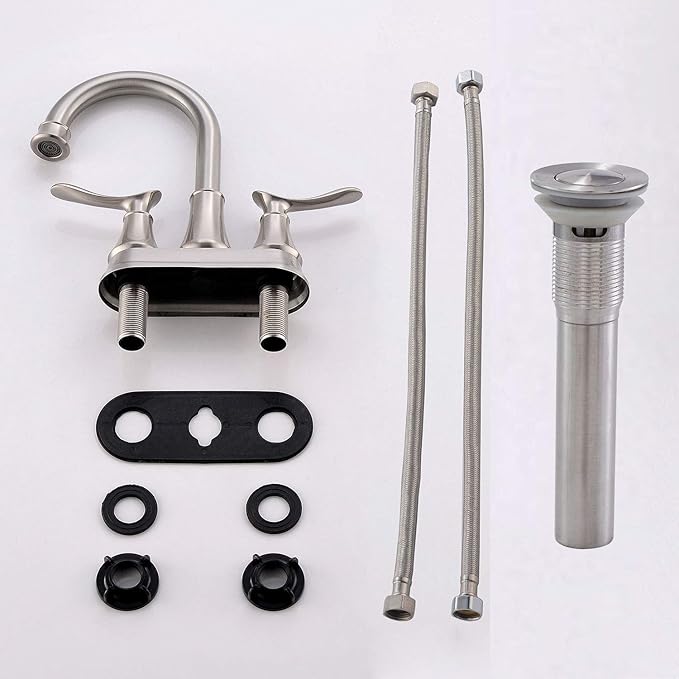 KINGO HOME Modern Brushed Nickel 2-Handle Bathroom Faucet, 4 inch Centerset RV Bathroom Sink Faucet Lavatory Bath Sink Vanity Faucet with Water Supply Lines and Pop Up Drain