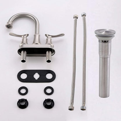 KINGO HOME Modern Brushed Nickel 2-Handle Bathroom Faucet, 4 inch Centerset RV Bathroom Sink Faucet Lavatory Bath Sink Vanity Faucet with Water Supply Lines and Pop Up Drain