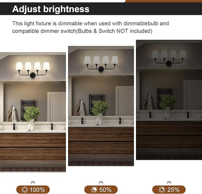 Bathroom Vanity Light, Matte Black Bathroom Light Fixtures, 4-Light Lighting Fixtures Over Mirror, Modern Wall Sconce with Flared White Fabric Shade, E26 Socket(ETL Listed)