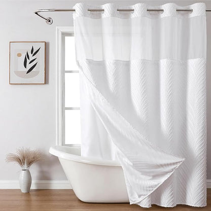 eachope Extra Long No Hook Shower Curtain and Liner Set，Boho Style with See Through Top Window, Tufted Striped Textured Outer Curtain & Waterproof Inner Liner for Bathroom, White, 71Wx98H