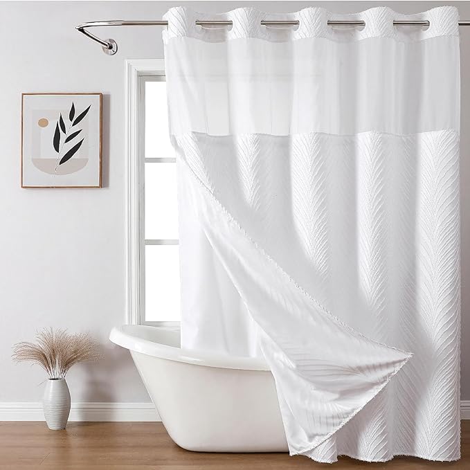 eachope No Hook Shower Curtain and Liner Set,No Hook Tufted Striped Textured Shower Curtain with Snap in Liner Replacement and Waterproof Fabric,Boho Style with See Through Top Window,White,71Wx74H