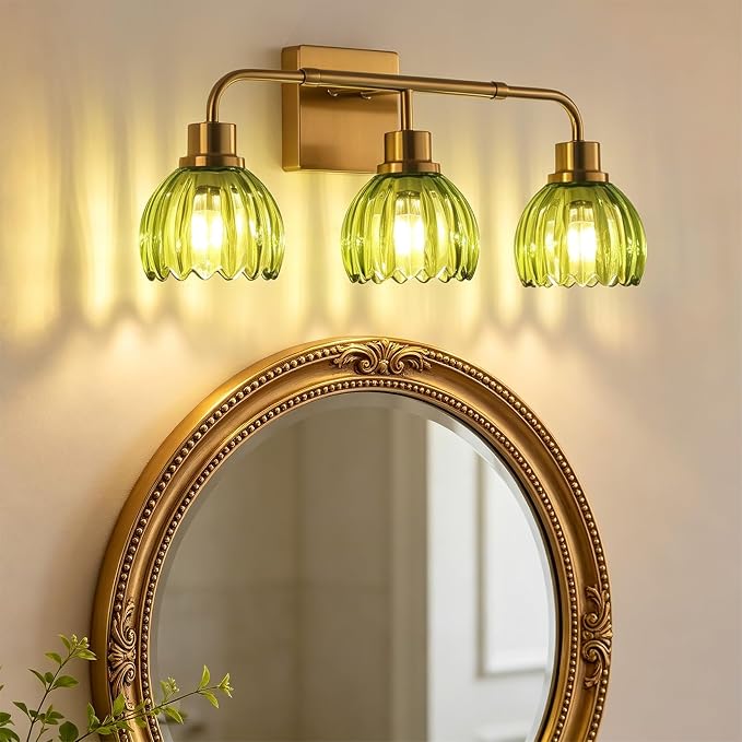Ralbay Vintage Bathroom Light Fixtures,Gold Bathroom Vanity Light,Matte Antique Brass Finish with Green Crystal Glass Shade,Wall Sconces Lighting for Bedroom,Living Room,Hallway(3-Light)