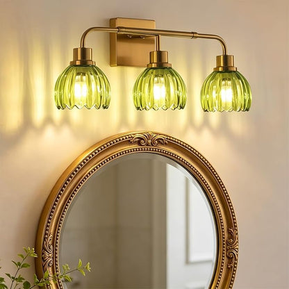 Ralbay Vintage Bathroom Light Fixtures,Gold Bathroom Vanity Light,Matte Antique Brass Finish with Green Crystal Glass Shade,Wall Sconces Lighting for Bedroom,Living Room,Hallway(3-Light)