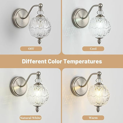 1 Piece Brushed Nickel Wall Sconce, 1-Light Mid Century Modern Brushed Nickel Finish Wall Sconce with Globe Glass Shade, Modern Light for Bathroom, Bedroom, Living Room,Powder Room