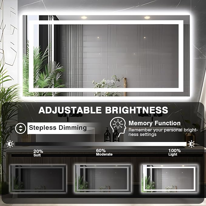 EchosLife 72"x36" Bathroom Mirror with Lights | Backlit + Front Lit, Anti-Fog, Stepless Dimmable, 3 Colors, Memory, Tempered Glass, UL Listed, Horizontal/Vertical
