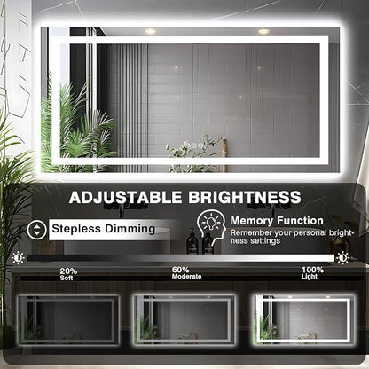 EchosLife 72"x36" Bathroom Mirror with Lights | Backlit + Front Lit, Anti-Fog, Stepless Dimmable, 3 Colors, Memory, Tempered Glass, UL Listed, Horizontal/Vertical