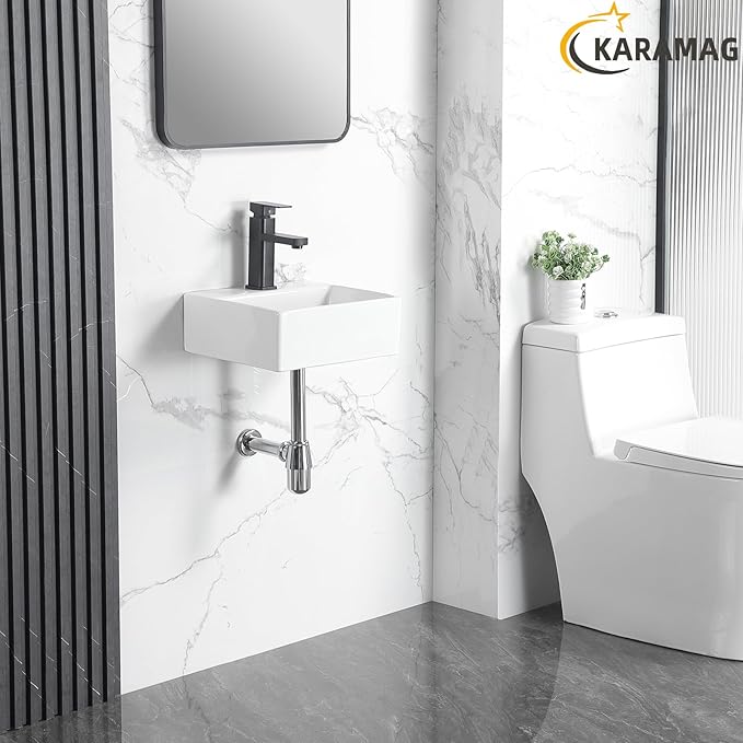 Small Vessel Sink 13"x11" Wall Mount Bathroom Sink Rectangular White Porcelain Ceramic Mini Floating Tiny Bathroom Wall Mounted RV Sink
