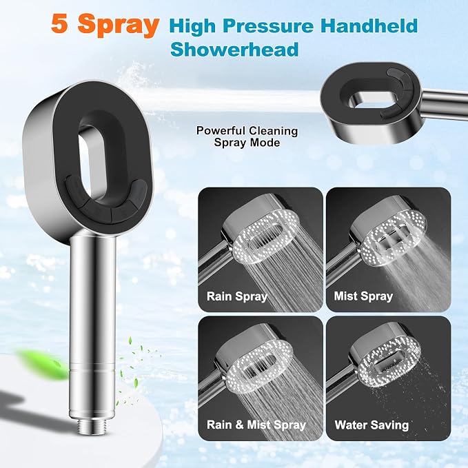 Hibbent Filtered Handheld Showerhead with 3 Filters, 5 Sprays Shower Head | Chrome High Pressure Shower Heads, Brass Holder & 71" Metal Hose, Water Soft Filter Remove Chlorine, Reduce Dry Itchy Skin