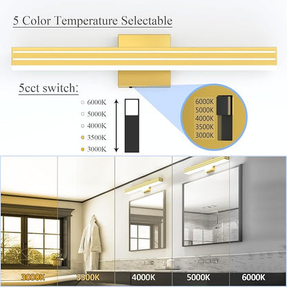 Ralbay 24inch Gold Vanity Light with 5 Color Temperature (2700K-6000K) Dimmable Acrylic Metal 24W LED Modern Matte Gold Bathroom Vanity Light Bar