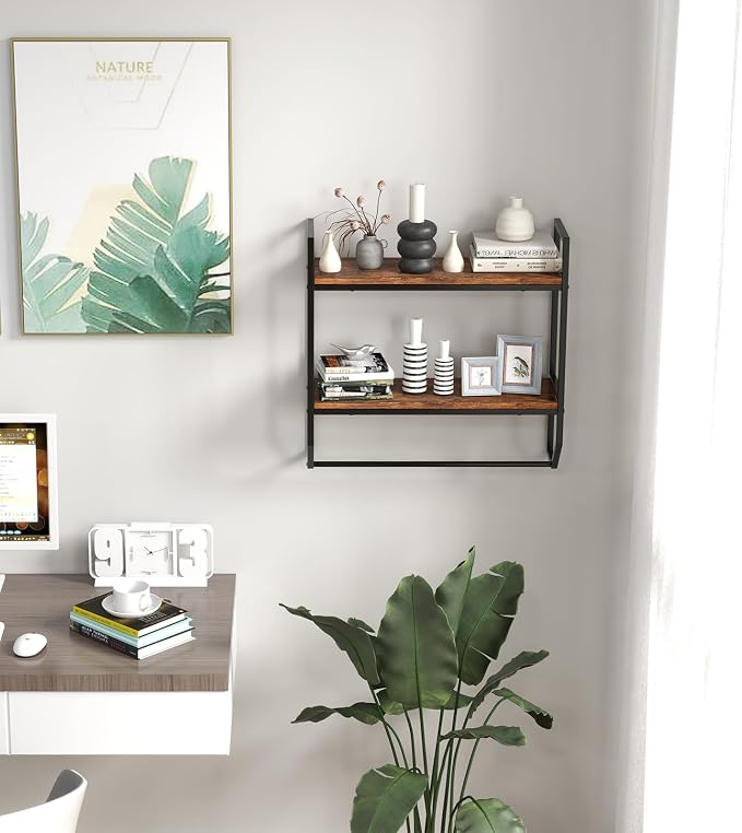 GOFLAME 2-Tier Industrial Bathroom Shelves with Towel Bar, Over the Toilet Shelf Wall Mounted with Metal Frame, Wall Storage Organizer Shelf for Bathroom, Living Room, Kitchen, Rustic Brown