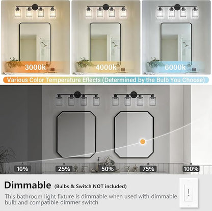4 Light Bathroom Light Fixtures, Modern Crystal Vanity Lights over Mirror | Metal Frame, Bathroom Light with Square Crystal Shade, ETL Certified, E26 Ceramic Socket, Bulbs Not Included