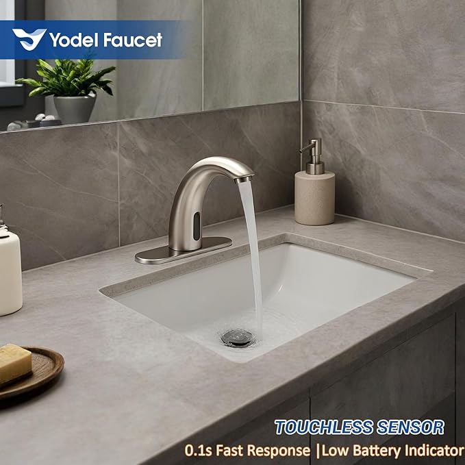 Touchless Bathroom Sink Faucet - Automatic Motion Sensor Restroom Toilet Faucet - Battery Operated for Commercial Lavatory, Brushed Nickel