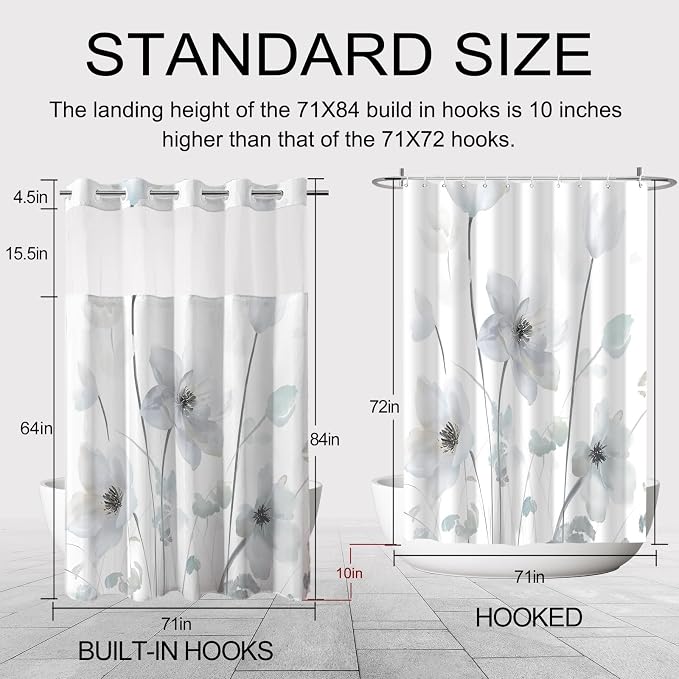 No Hook Shower Curtain and Liner Set, Light Blue Boho Floral 71x84 | Watercolor Boho Flower, with Snap in Liner, Mesh Top Window, Waterproof, Machine Washable, Quick-Drying, for Hotel Bathroom