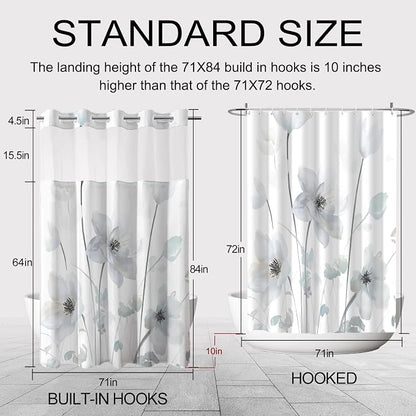 No Hook Shower Curtain and Liner Set, Light Blue Boho Floral 71x84 | Watercolor Boho Flower, with Snap in Liner, Mesh Top Window, Waterproof, Machine Washable, Quick-Drying, for Hotel Bathroom