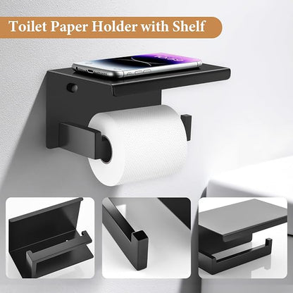 TURS Bathroom Hardware Set Black 4-Piece Towel Bar Set Include 24 Inch Towel Bar Towel Ring Towel Hook Toilet Paper Holder with Shelf Wall Mounted.