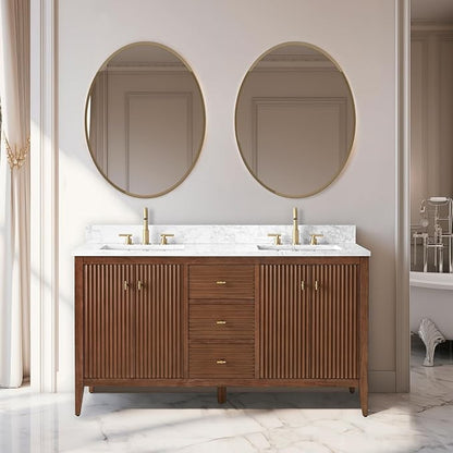 Vanity Art 60 inch Bathroom Vanity with Double Sink & Ceramic Top, Vanity Cabinet with Soft-Closing Door, Solid Wood Frame, Linear Pattern, Walnut, Golden Brushed Handware VA9160-DWalnut-GB