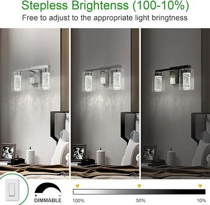 SineRise 2-Light Brushed Nickel Vanity Light with 3 Color Modes (3000K/4000K/6000K), Eye Protection LED Bathroom Light Fixture, Dimmable Modern Wall Light Over Mirror with Clear Glass Shade