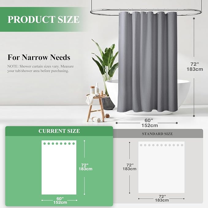 Stall Waffle Shower Curtain 256 GSM Heavy Fabric 60x72 Grey/Gray | 60 Inch Wide, Thick Cloth, Weighted Hem, Water Repellent, Hotel Luxury Polyester Shower Curtain Set for Bathroom 10 Hooks