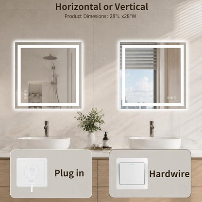 28"x28" LED Bathroom Mirror with Lights, Anti-Fog, Backlit+Frontlit | CRI 95, Stepless Dimmable, 3 Colors Lighting, Shatterproof Tempered Glass, HD Reflection, Memory, (Horizontal/Vertical)
