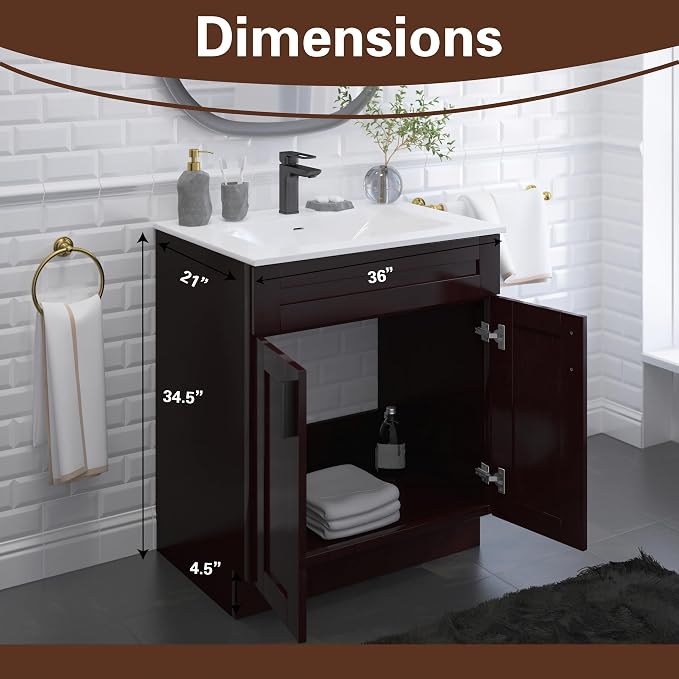 36" Espresso Shaker Bathroom Vanity Base – Ready-to-Assemble Sink Cabinet, Freestanding Bathroom Vanity Base Only, No Top or Sink