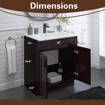 36" Espresso Shaker Bathroom Vanity Base, Soft-Close Double-Door Ready-to-Assemble Sink Cabinet, 36" W x 21" D x 34.5" H, Base Only